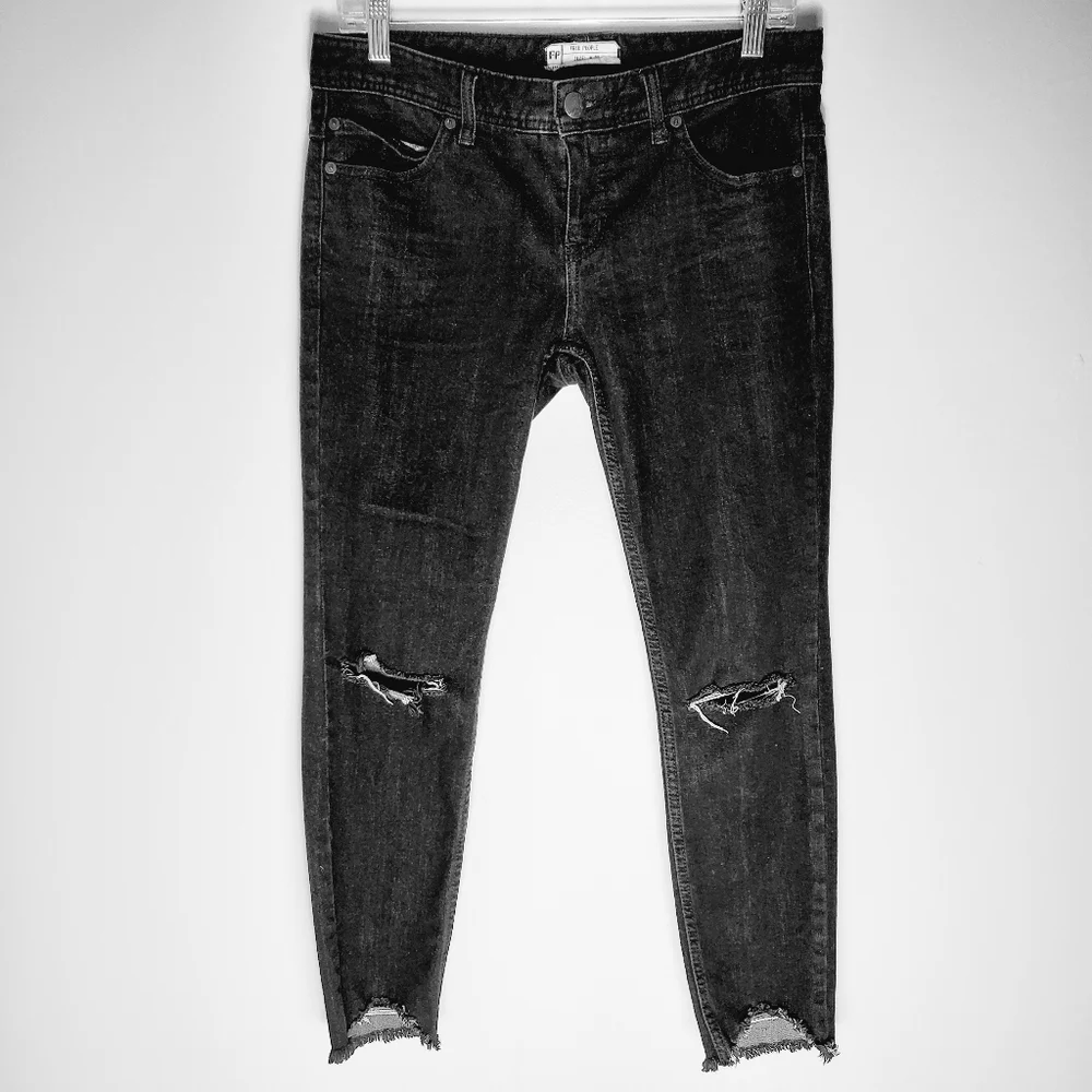 Free People Black Raw Hem Knee Cut Skinny Jeans